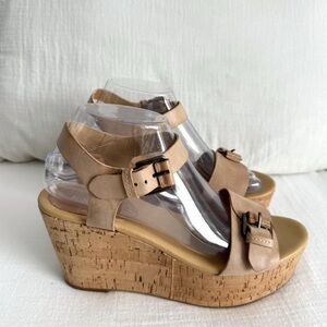 Nine West Tan Strappy Leather Platform Cork Wedge Sandals